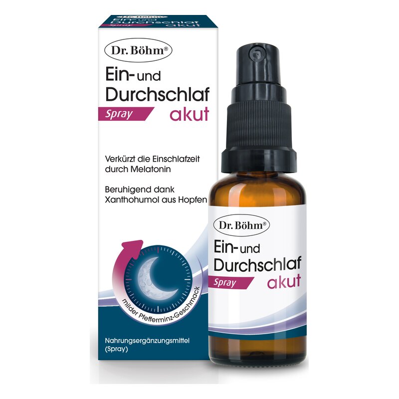 Sprühflasche für ein Schlafspray mit Verpackung, angereichert mit Melatonin und Hopfenextrakt, mit mintigem Geschmack.