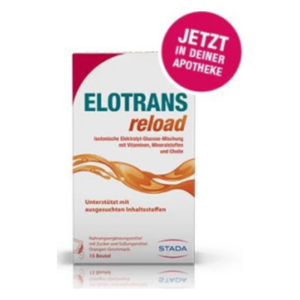 Verpackung von Elotrans reload, einer Elektrolyt-Glucose-Mischung, mit den Hinweisen zu Inhaltsstoffen und Anwendung.