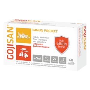 Verpackung von GOJI SAN Immun Protect mit Zink, Gojibeere und Sanddorn zur Unterstützung des Immunsystems.