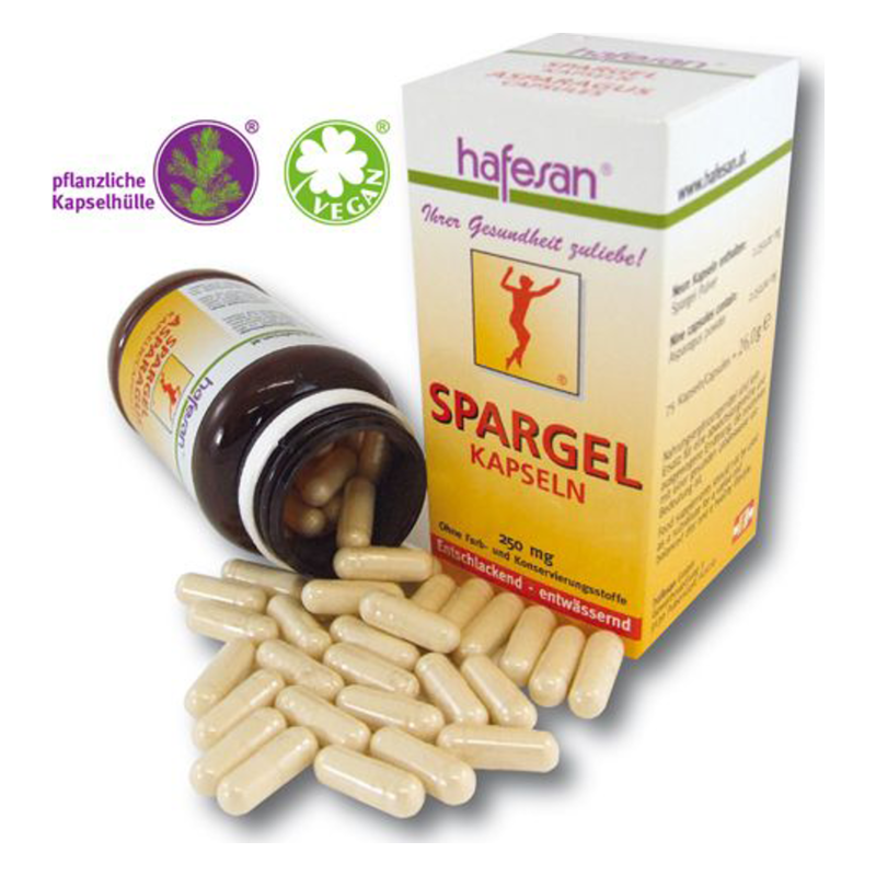 Weißlich-beige Spargelkapseln in einer geöffneten braunen Flasche und einer Verpackung mit Label.