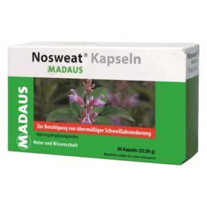 Verpackung von Nosweat Kapseln zur Beruhigung übermäßiger Schweißabsonderung, mit Pflanzenabbild auf der Vorderseite.