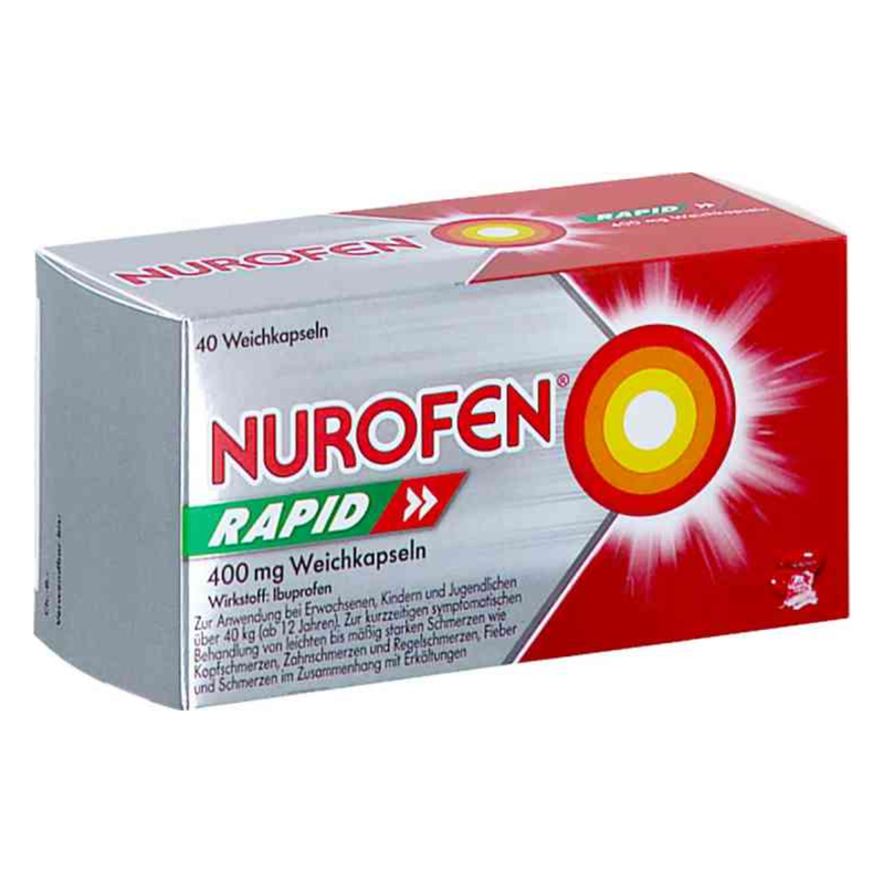 Packung Nurofen Rapid mit 400 mg Weichkapseln zur Schmerzlinderung und Fieberbehandlung.