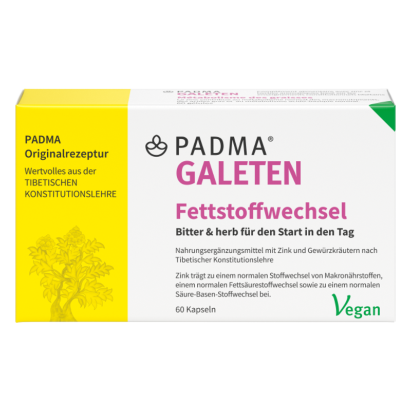 Verpackung des Nahrungsergänzungsmittels PADMA Galeten Fettstoffwechsel mit Informationen zu Inhalt und Anwendung.