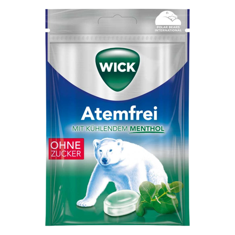 Verpackung von Wick Atemfrei mit mentholhaltigen Bonbons, abgebildet mit einem Eisbär und dem Hinweis ohne Zucker.