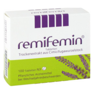 Verpackung von remifemin Tabletten, pflanzliches Arzneimittel gegen Wechseljahresbeschwerden, mit lila und grüner Gestaltung.