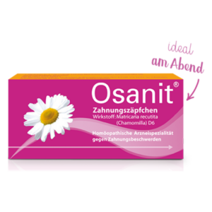 Verpackung von Osanit Zahnungssäpfchen mit Kamille, lila Hintergrund, Hinweis auf Anwendung am Abend.