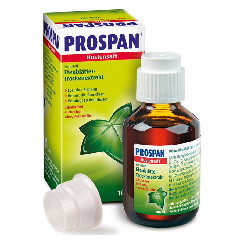 Flasche Prospan Hustensaft mit einem weißen Deckel, umgeben von einer Verpackung mit grünen und gelben Akzenten.