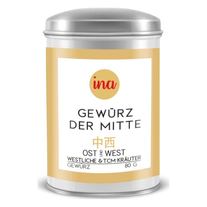 Runde Gewürzdose mit der Aufschrift "Gewürz der Mitte" in gold und weiß, mit TCM Kräutern und 80 g Inhalt.