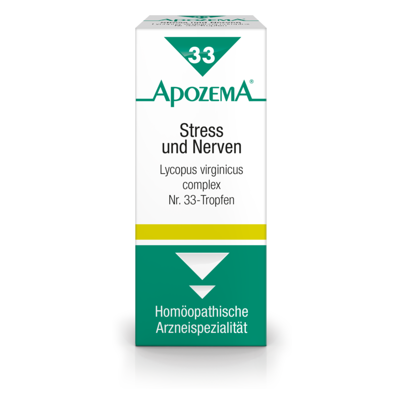 Packung mit homöopathischen Tropfen gegen Stress und Nerven, grün-weiße Gestaltung mit gelben Akzenten.