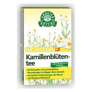 Verpackung von Dr. Kottas Kamillenblütentee mit gelbem Hintergrund und Kamillenblütenillustrationen, Hinweis auf traditionelle Anwendung.