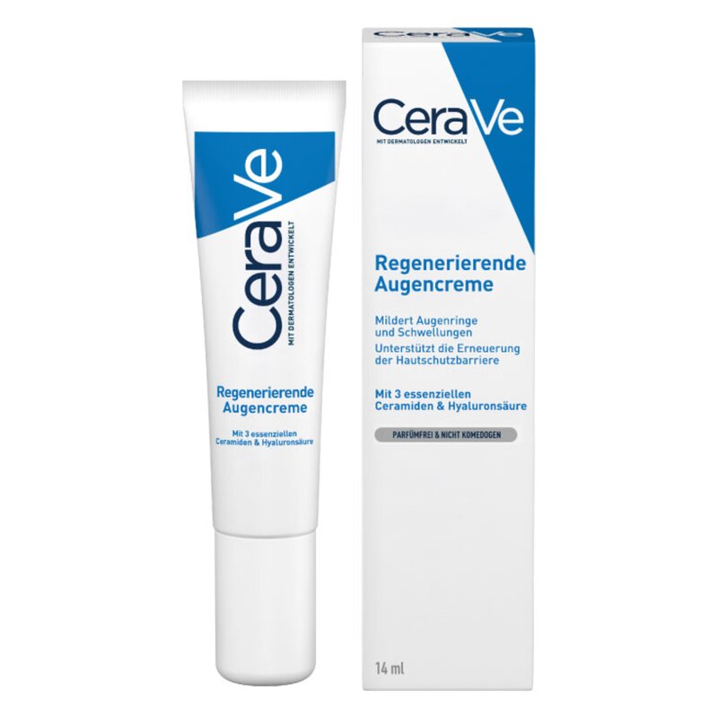 Tube und Verpackung der regenerierenden Augencreme von CeraVe, betont die Verbesserung von Augenringen und Hautschutzbarriere.