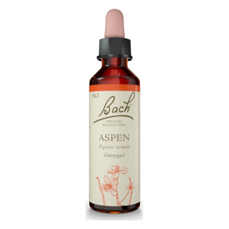 Flasche mit Bachblüten-Tropfen Aspen, braun mit rosafarbener Pipette, beschriftet mit "Nr. 2" und "Zitterpappel".
