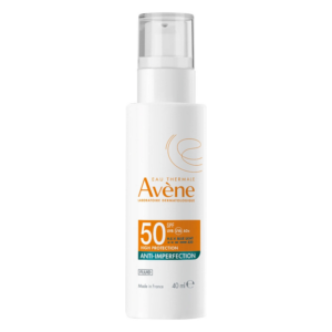 Flasche mit Sonnencreme von Avène, SPF 50, 40 ml, Fluidformulierung in weißem Design.