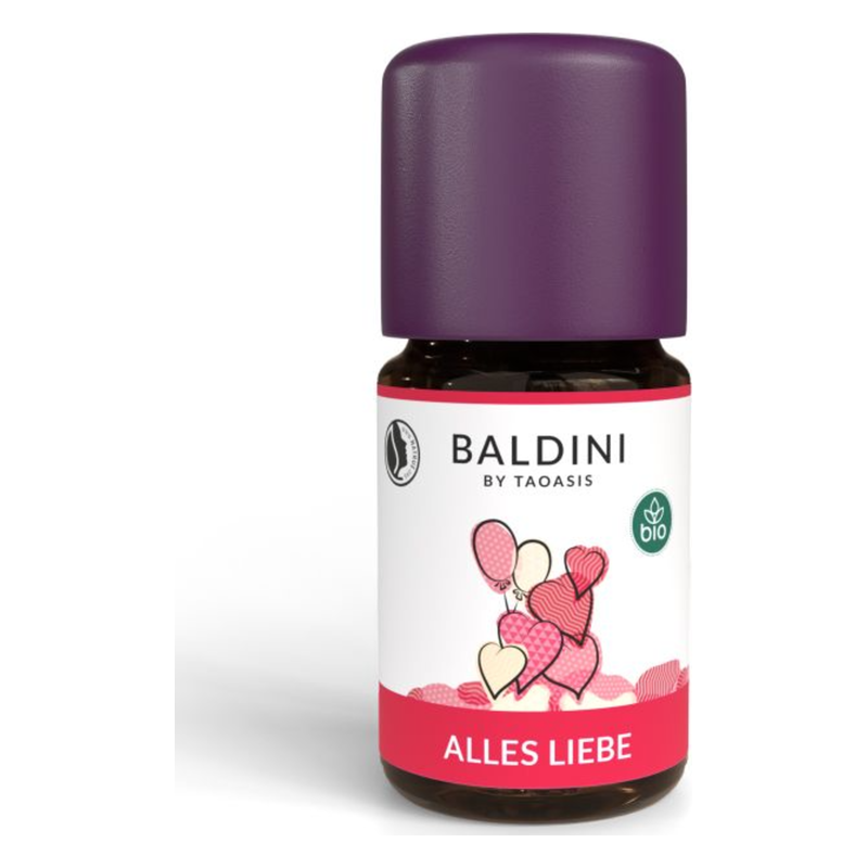 Flasche mit ätherischem Öl "Alles Liebe" von Baldini, mit lila Kappe und bunten Herzluftballons auf dem Etikett.