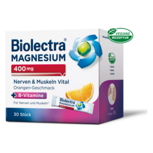 Verpackung von Biolectra Magnesium 400 mg, mit Orangen-Geschmack und B-Vitaminen, 30 Sachets, vegane Rezeptur.