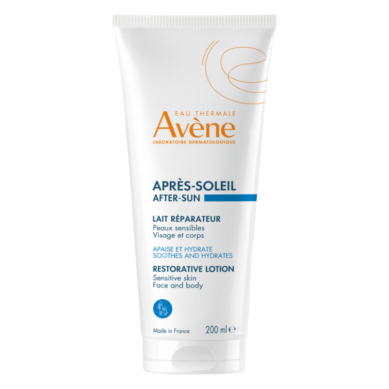 Tube mit reparierendem After-Sun-Lotion von Avène für sensible Haut, 200 ml, weiß mit orangefarbenem Logo.