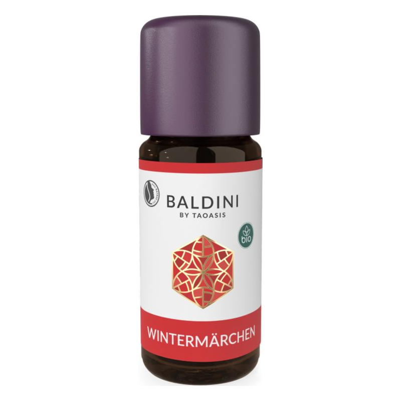 Ätherisches Öl in brauner Flasche mit lila Verschluss, etikettiert mit "WINTERMÄRCHEN" und Bio-Symbol.