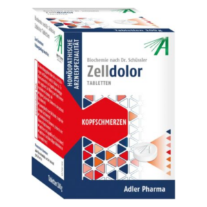 Verpackung von Zelldolor Tabletten zur Behandlung von Kopfschmerzen mit auffälliger roter Gestaltung.
