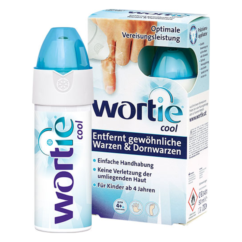Wortie Cool, ein Spray zur Entfernung von Warzen, mit blauer Kappe und informativem Kartonverpackung.