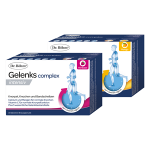 Zwei Kartons des Produkts Dr. Böhm Gelenkscomplex intensiv in Himbeere und Mango, zur Unterstützung von Gelenken und Knochen.