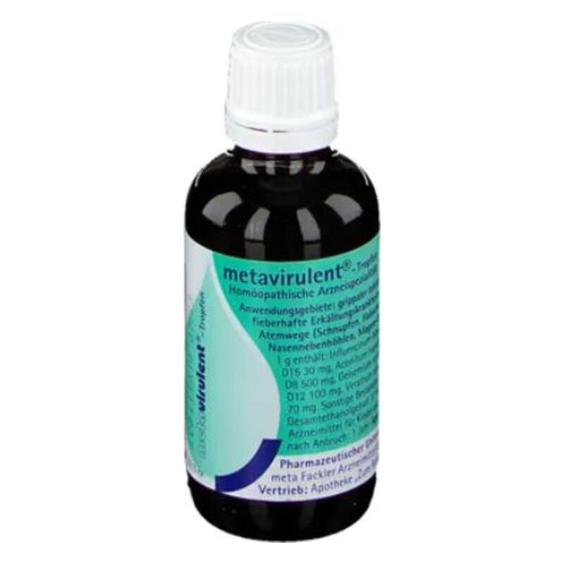 Braune Flasche mit homöopathischen Tropfen, etiketiert mit medizinischen Anwendungshinweisen und Inhaltsstoffen.