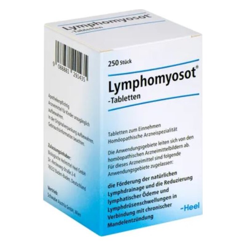 Verpackung von Lymphomyosot-Tabletten in einer hellblauen Box mit Beschreibung und Anwendungsgebieten.