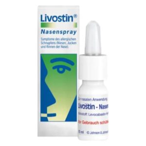 Livostin Nasenspray in einer weißen Flasche mit Tropfverschluss, verpackt in einer blauen und weißen Schachtel.