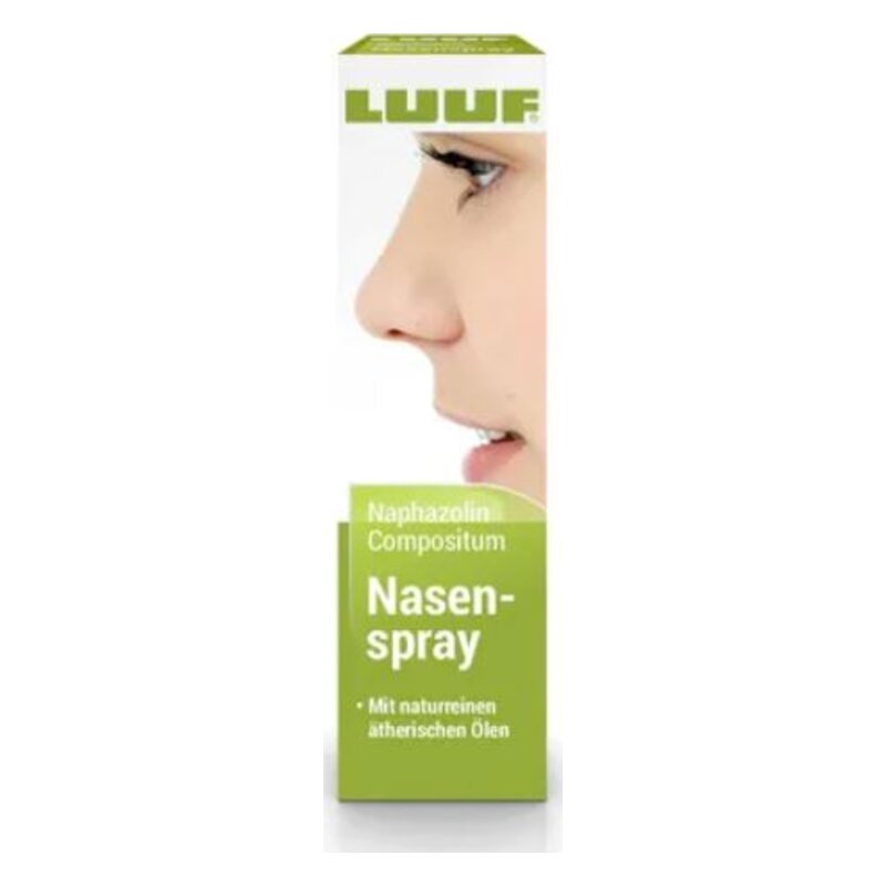 Verpackung eines Nasensprays mit der Aufschrift 'LUUF' und einem seitlichen Bild einer Person.
