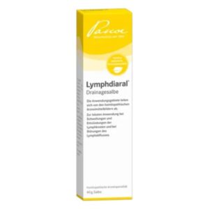 Verpackung von Lymphdiaral Drainagesalbe in einem gelb-weißen Karton mit Informationstext.