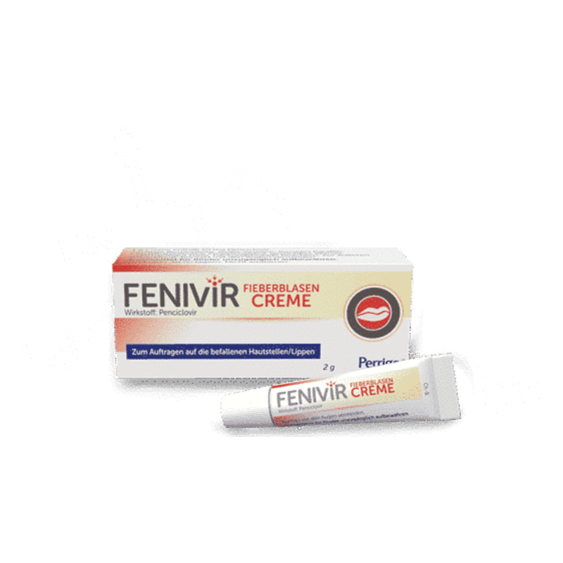 Tube und Verpackung von FENIVIR Fieberblasencreme, die für die Behandlung von Lippenherpes gedacht ist.