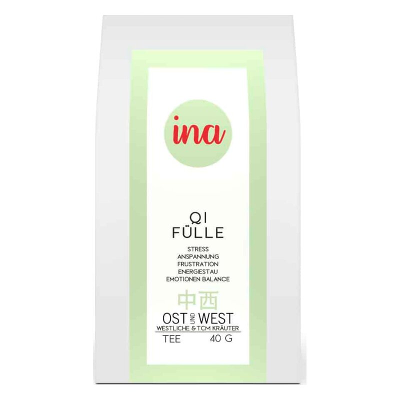 Verpackung für Kräutertee "Qi Fülle" mit Informationen zu Stressbewältigung und emotionaler Balance.