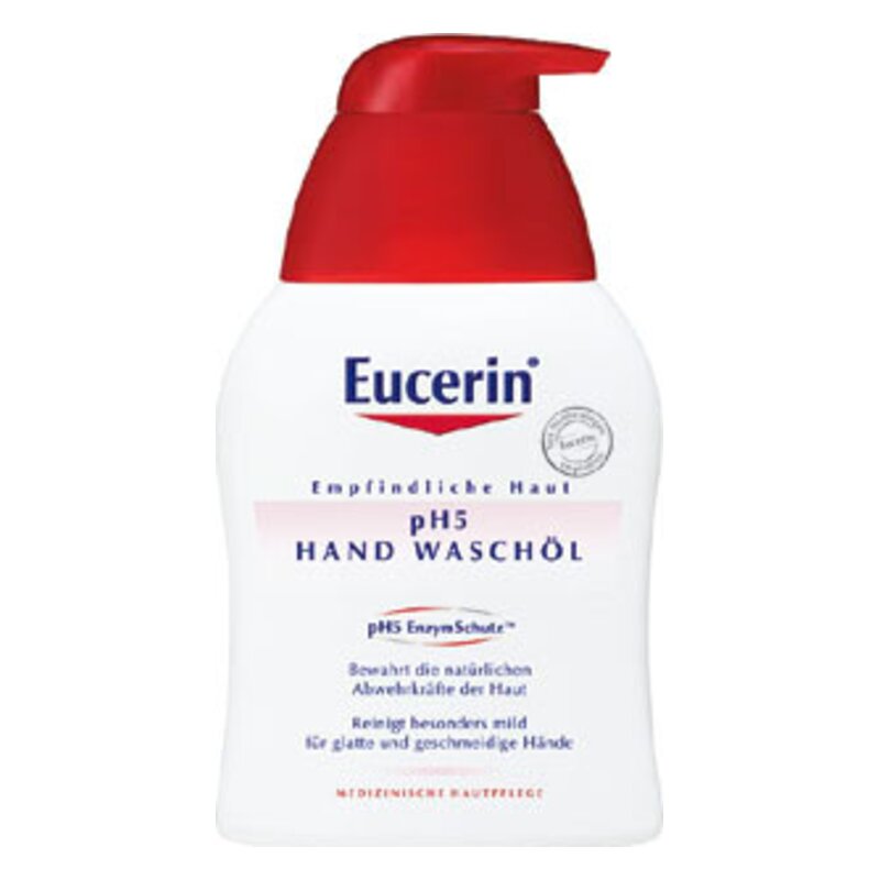 Flasche mit Eucerin pH5 Handwaschöl für empfindliche Haut, mit rotem Pumpverschluss und medizinischer Hautpflegeformel.