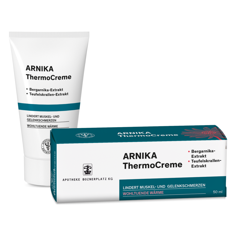 Hautcreme in Tuben- und Verpackungsform, enthält Bergarnika- und Teufelskralle-Extrakte, zur Linderung von Schmerzen.