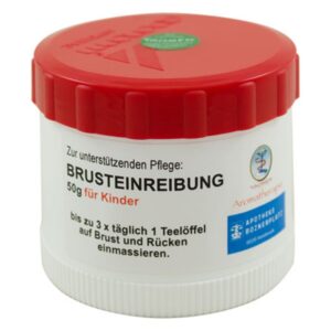 Weißer Behälter mit roter Schraubkappe, Inhalt: Brustbalsam für Kinder, 50g, zur unterstützenden Pflege.