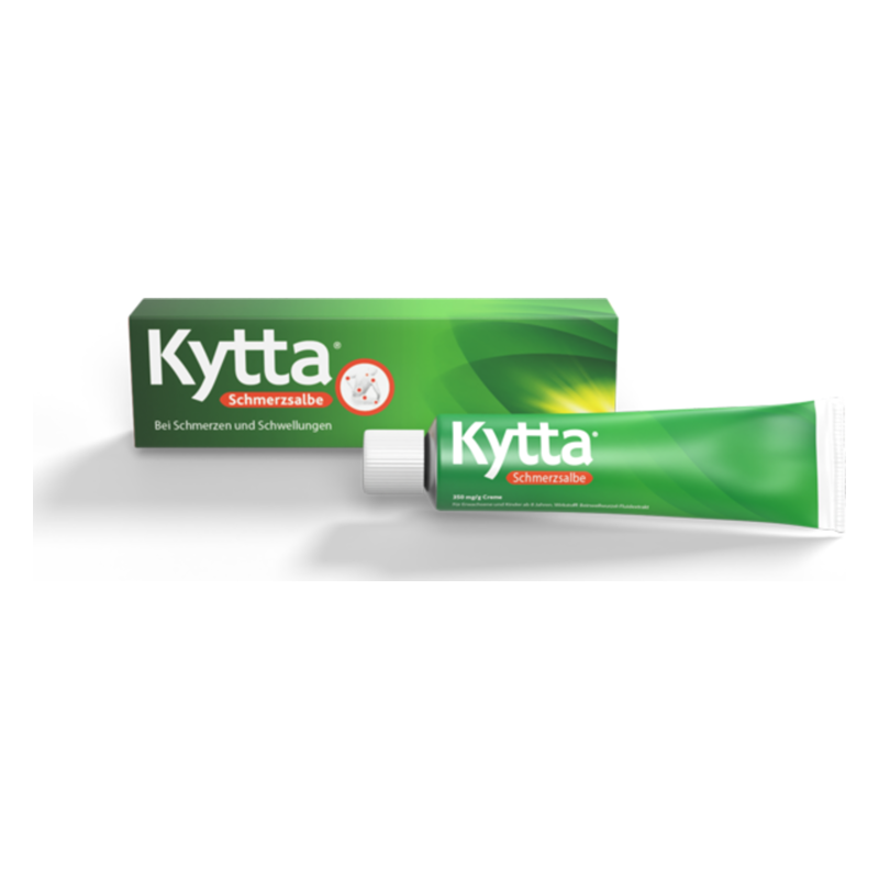 Verpackung und Tube der Kytta Schmerzsalbe in einem grünen Design zum Linder von Schmerzen und Schwellungen.