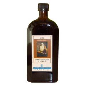 Braune Glasflasche mit verschlossenem Deckel, etikettiert mit "Lebenselixier Tonikum" und einer illustrierenden Abbildung.