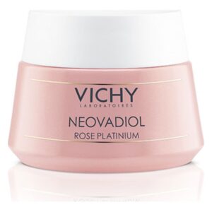 Rosa Creme-Behälter mit weißem Deckel von Vichy, beschriftet mit NEOVADIOL ROSE PLATINIUM.