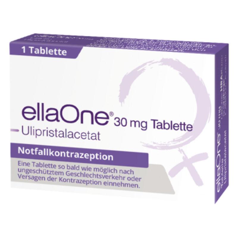 Karton mit einer 30 mg Tablette ellaOne zur Notfallkontrazeption, auf lila Hintergrund bedruckt.