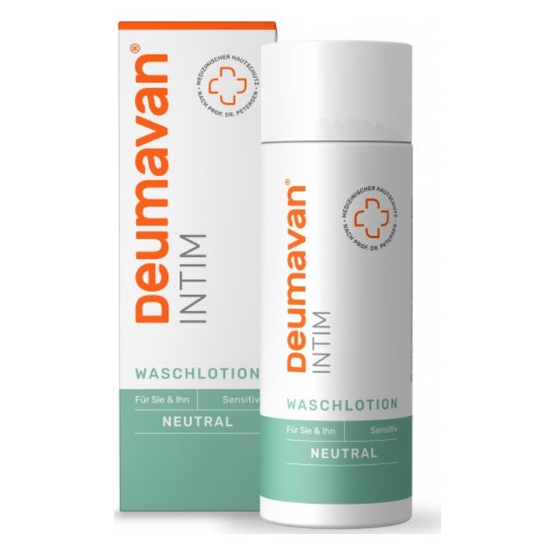 Deumavan INTIM Wasch lotion in einer weißen Flasche mit orangefarbenem Deckel und einer grünen Verpackung, neutral für Sie & Ihn.