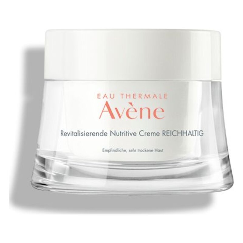 Glasbehälter mit Revitalisierender Nutritive Creme von Avène für empfindliche, sehr trockene Haut.