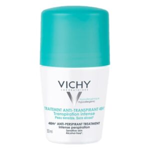 Deodorant in weißem Behälter mit hellblauem Deckel, für empfindliche Haut, alkoholfrei, 50 ml.