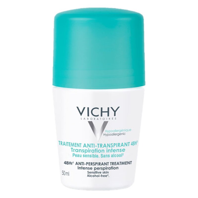 Deodorant in weißem Behälter mit hellblauem Deckel, für empfindliche Haut, alkoholfrei, 50 ml.