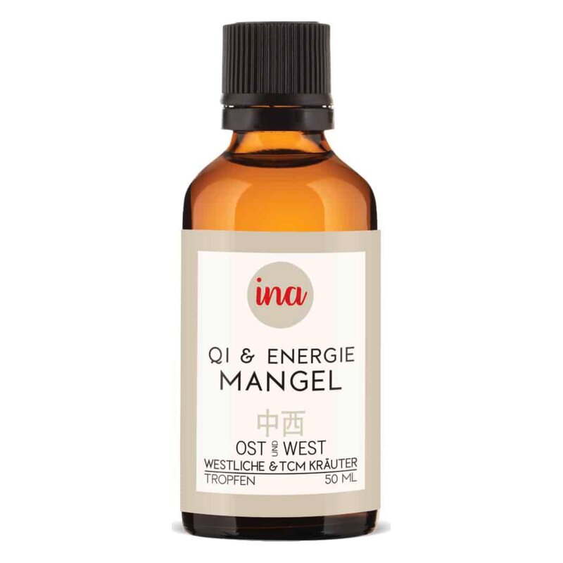 Braune Glasflasche mit schwarzem Deckel, etikettiert mit "QI & ENERGIE MANGEL", 50 ml Inhalt.