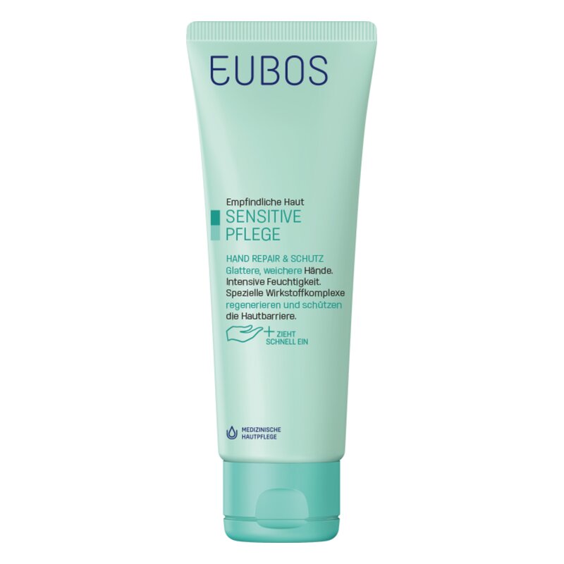 Creme-Tube für empfindliche Haut von EUBOS, mit dem Inhalt "Sensitive Pflege" und Anwendungsbeschreibung.