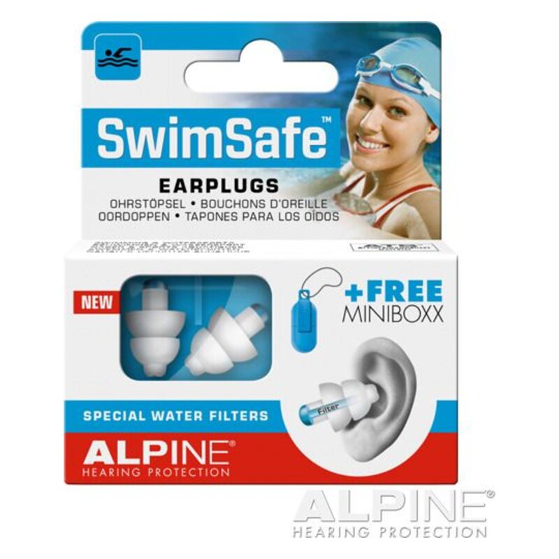 Verpackung mit Ohrstöpseln für Schwimmer, inklusive spezieller Wasserfilter und dekorativem Bild einer schwimmenden Person.