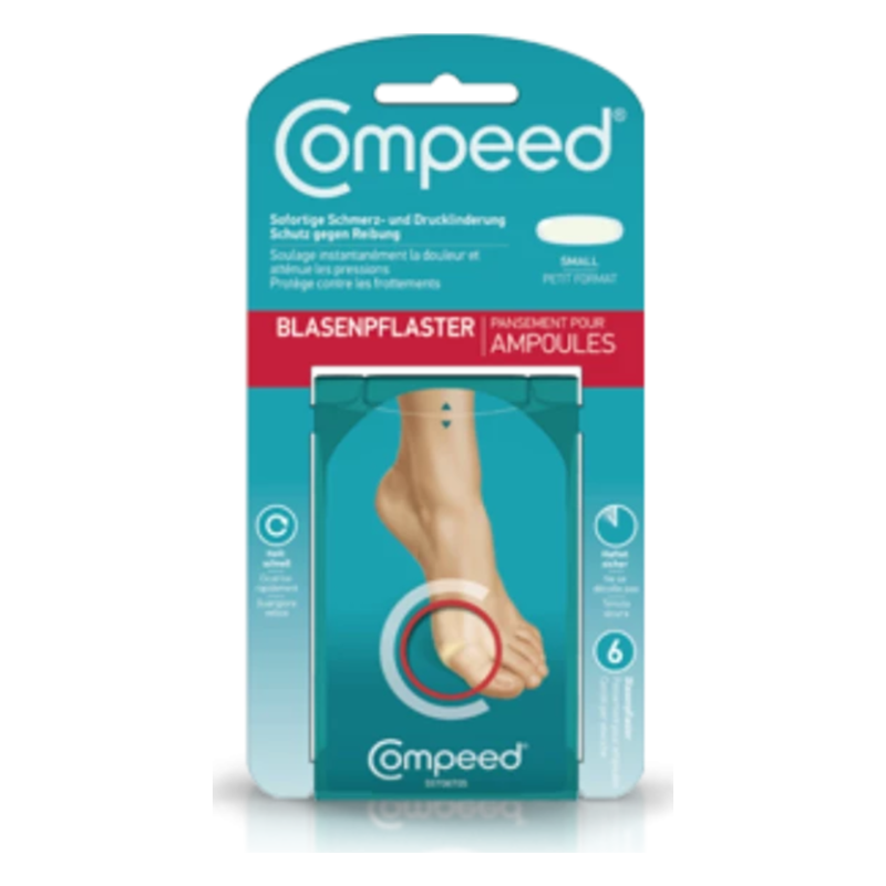 Packung mit Blasenpflaster von Compeed, zeigt Fuß und Hinweise zu Anwendung und Größenangabe.