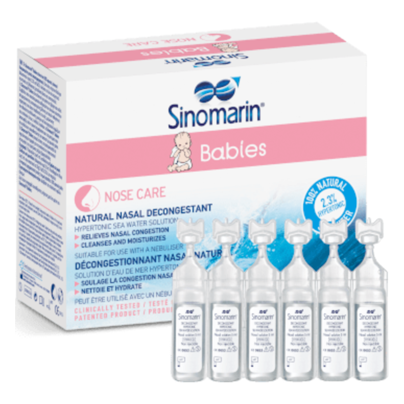 Verpackung von Sinomarin für Babys, bestehend aus mehreren kleinen Durchstechfläschchen zur Nasenpflege.