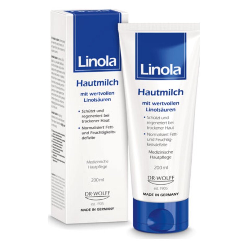 Linola Hautmilch in einer Tube und der Verpackung, für trockene Haut mit Linolsäuren, medizinische Pflege, 200 ml.
