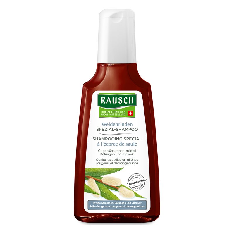 Flasche Weidenrinden Spezial-Shampoo von Rausch mit grünem Label und weißer Schrift, gegen Schuppen und für gereizte Kopfhaut.
