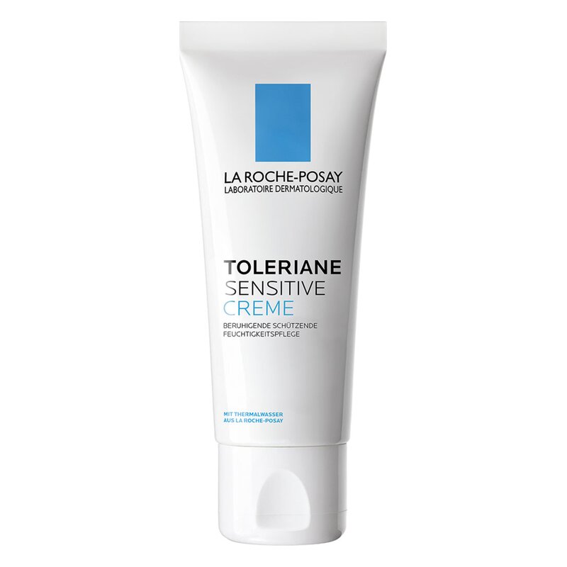 Tube mit La Roche-Posay Toleriane Sensitive Creme, einer beruhigenden Feuchtigkeitspflege für sensible Haut.